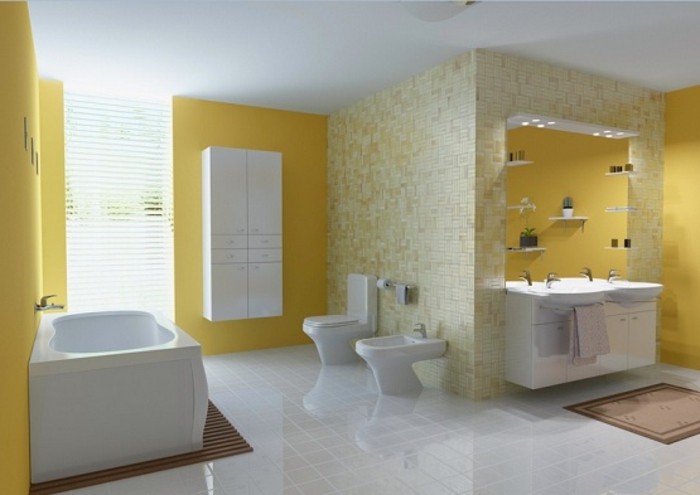 idee-sublime-couleur-salle-de-bain-jaune-double-vasque-baignoire-à-poser-blanche-peinture-plafond-salle-de-bain-blanche-carrelage-blanc-mosaique-jaune