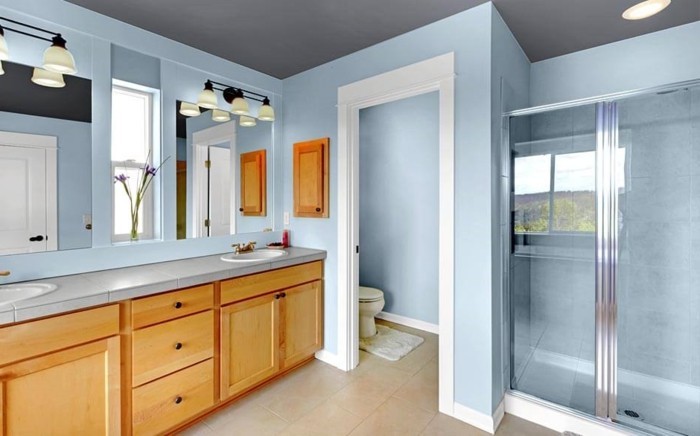 sublime-suggestion-couleur-salle-de-bain-bleu-clair-cabine-de-douche-douvle-vasque-à-encastrer-meuble-salle-de-bain-en-bois-miroirs-encastrés-sans-encadrement