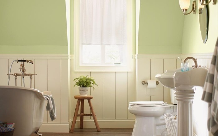peinture-salle-de-bain-vert-clair-ambiance-naturelle-baignoire-blanche-à-poser-WC-et-lavabo-colonne
