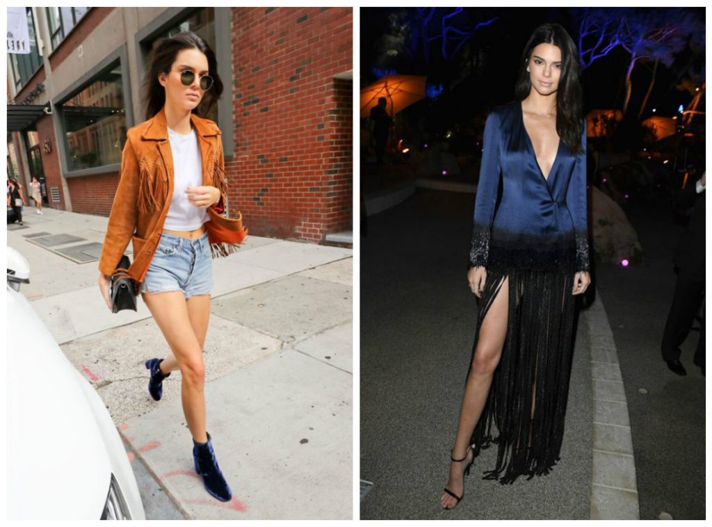 Kendall Jenner en look street style avec des vêtements à franges