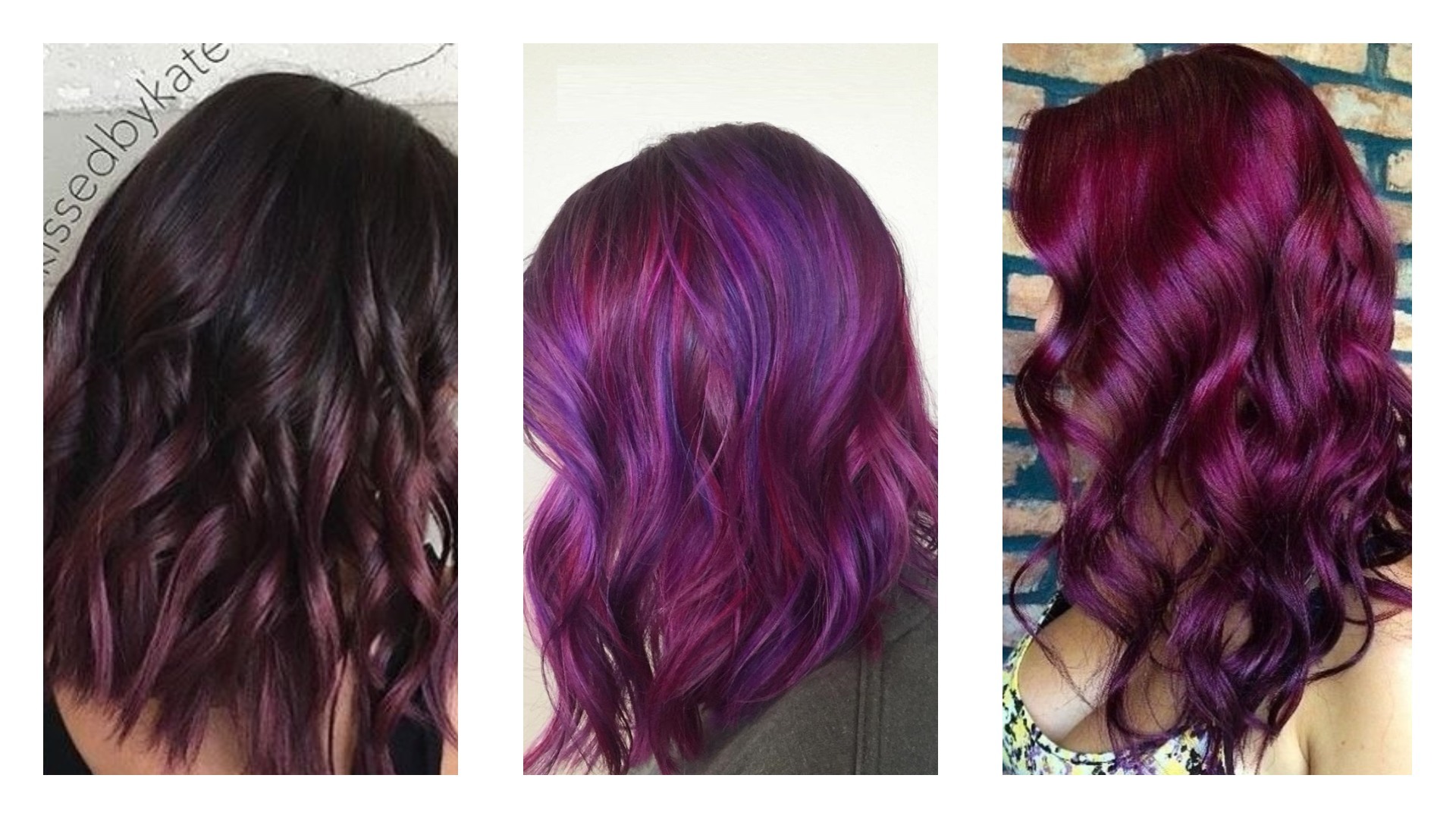 Les nuances de coloration violette tendance, gauche a droite : Prune Balayage, Multi-Couleur Prune et Magenta Prune