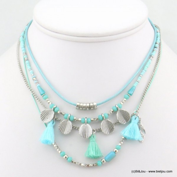 Collier pour femmes multi-rangs composé de perles de rocaille, de pompons tassel colorés et de pendentif coquillage métalliques.