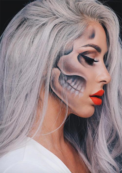 Maquillage profil du squelette : C'est une excellente idée de maquillage d'Halloween qui pourrait être réalisée sans éléments de costume supplémentaires. Juste le profil et les cheveux sont assez étonnants !