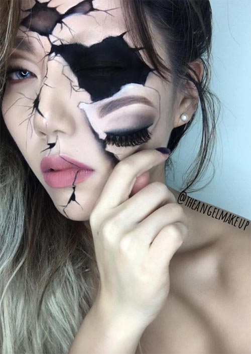 Maquillage du visage cassé pour l'Halloween : Le maquillage du visage cassé, surtout lorsqu'il est fait pour ressembler à une poupée cassée, devient rapidement un classique. C'est une de ces idées de maquillage d'Halloween qui demandent beaucoup de précision.