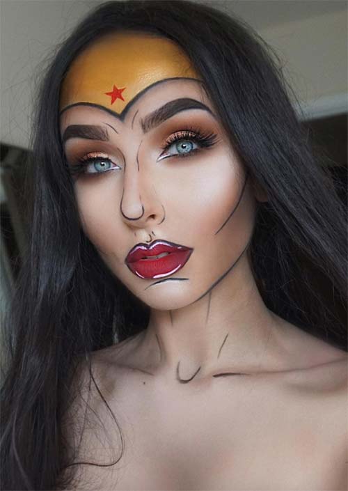 Comic Wonder Woman Makeup : Diana et Wonder Woman ont reçu beaucoup d'idées de costumes cool, mais pour le faire avec le maquillage d'Halloween signifie que vous ne perdrez aucun morceau. C'est encore un autre regard facile de maquillage de Halloween sur cette liste que vous pouvez maîtriser vous-même.