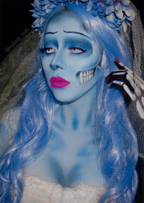 Corpse Bride Makeup : Elle est l'un des personnages les plus cool que Tim Burton a créé. Elle est une option parfaite pour un maquillage d'Halloween, avec des éléments intéressants.