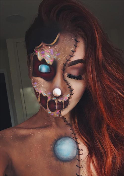 Gingerbread Girl : Ce modele de maquillage halloween pour femmes ne manquera pas de faire bonne impression lors d'une fête costumée. Ce que ce look demande, c'est beaucoup de peinture pour le visage et le corps, des mains habiles, et pas mal de temps !