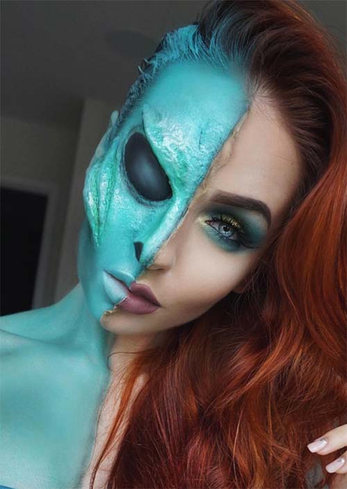 Extra-terrestre déguisée : Un autre exemple de maquillage SFX pour Halloween bien utilisé est le look mi-extraterrestre, et la division entre les deux visages. L'air extraterrestre brille presque, c'est incroyable.