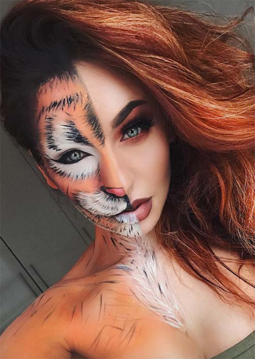 Demi-Tigresse : C'est le look de maquillage d'Halloween que vous recherchez lorsque vous voulez étourdir votre public de plus d'une façon. Il faut être un artiste talentueux pour imiter ce look.