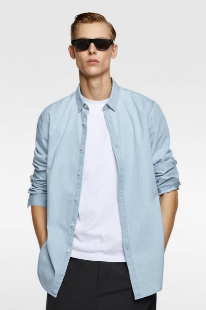 Chemise Homme Zara En Jean - Taille L, Occasion Très Bon état, Coupe Slim
