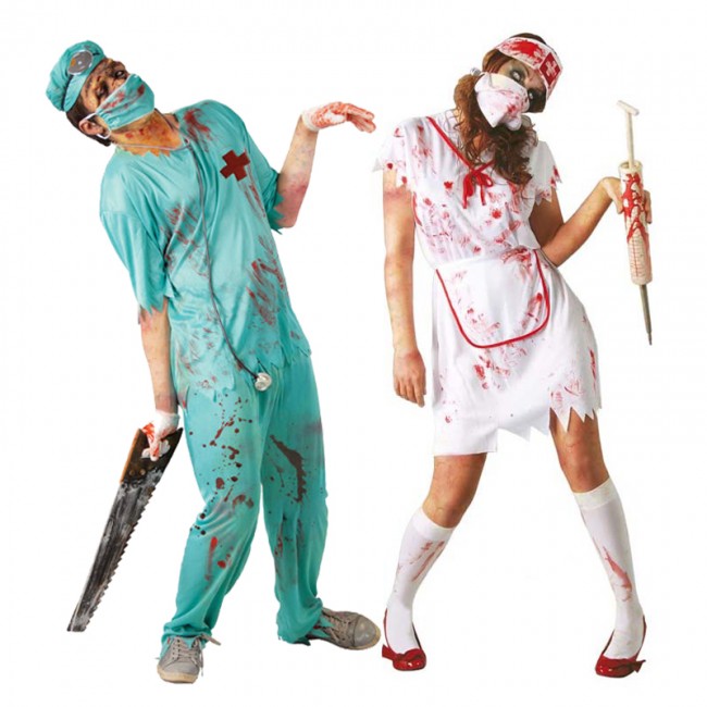 Déguisement de couple zombie chirurgien et infirmière Halloween