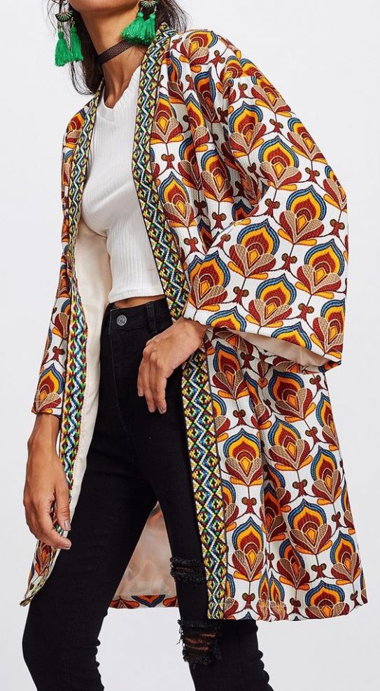 Kimono femme lin beige XL élégant avec motif wax ethnique main image 1
